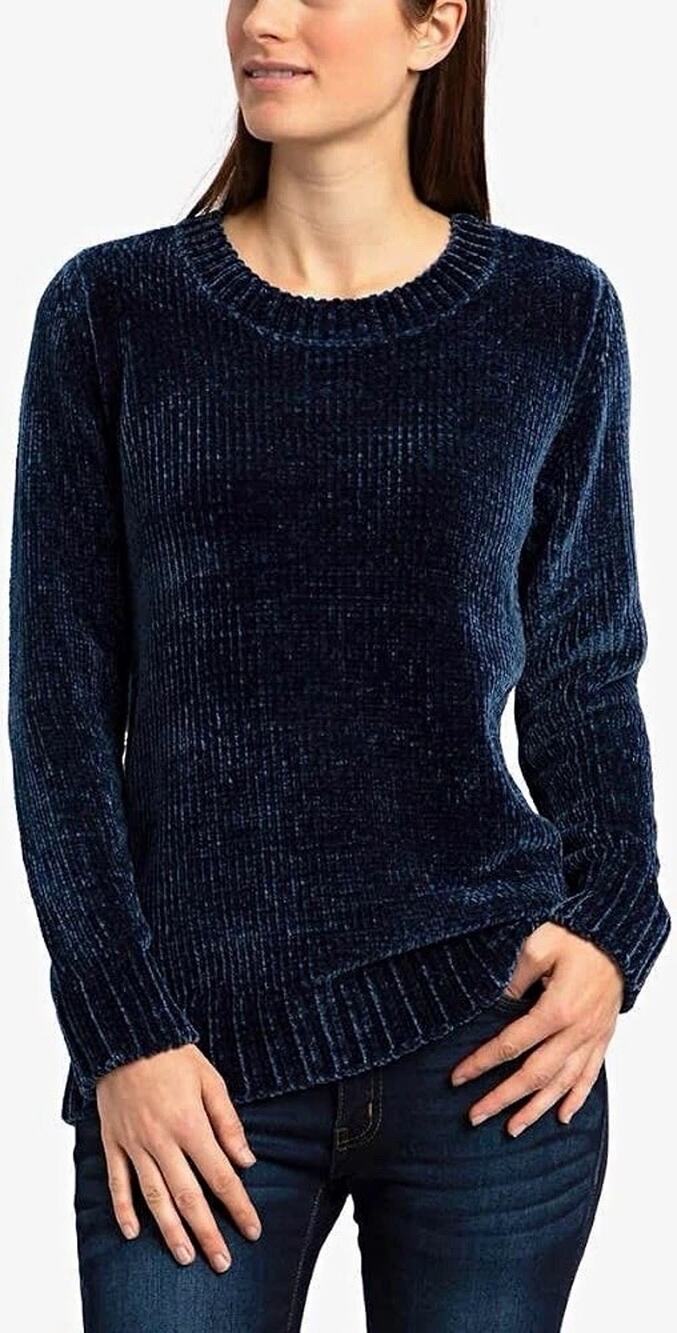 Orvis Women's Blue Chenille Knit Crew Neck Long Sleeve Ribbed Trim Sweater S